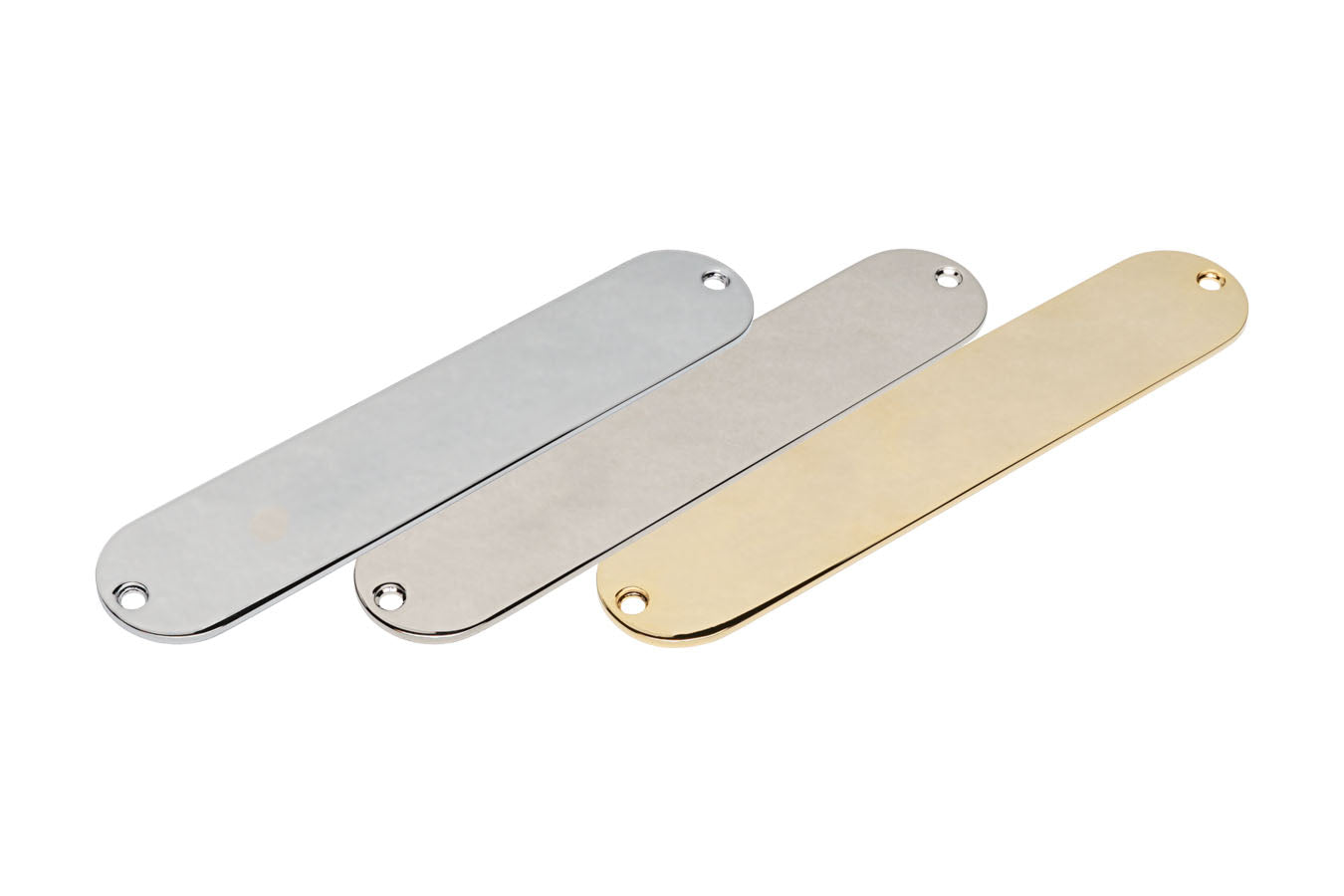 Three metal control plate blanks in silver, chrome, and gold colors, each with two screw holes.
