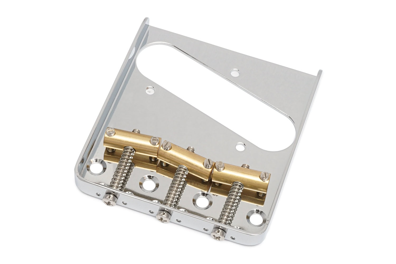 Chrome guitar bridge plate with three compensated brass saddles and mounting holes on a white background.