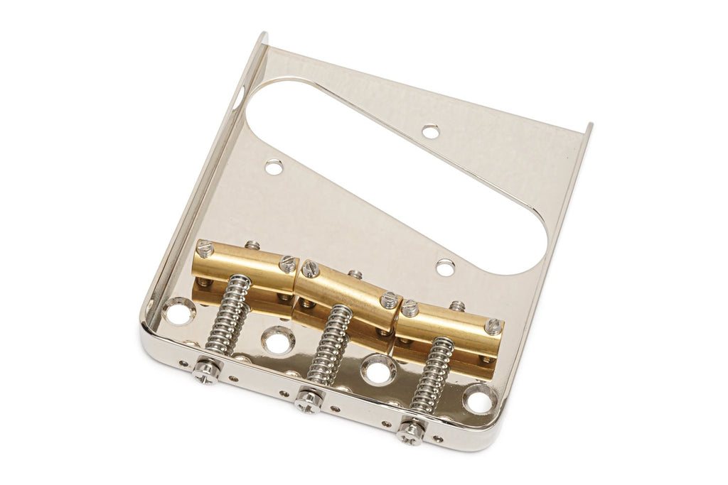 Nickel metal guitar bridge with three brass saddles and adjustment screws on a white background.