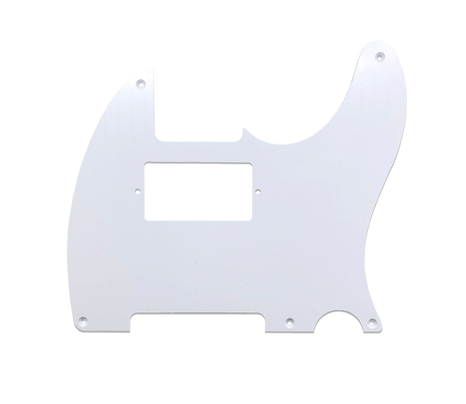 White guitar pickguard with a rectangular cutout for a pickup and several screw holes.