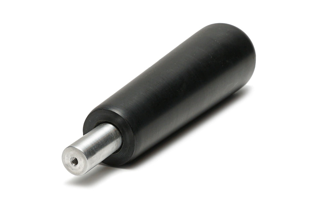 Black-handle screwdriver with a silver metal shaft featuring a small threaded hole at the tip.