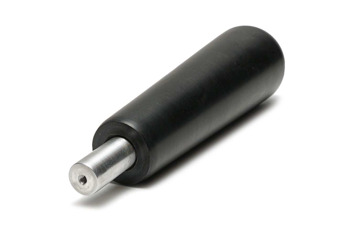 Black-handle screwdriver with a silver metal shaft featuring a small threaded hole at the tip.