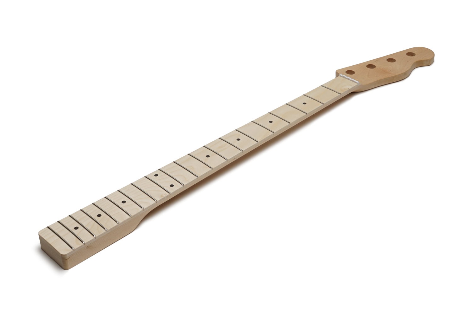 Maple bass guitar neck with maple fretboard and frets, shown on a white background.
