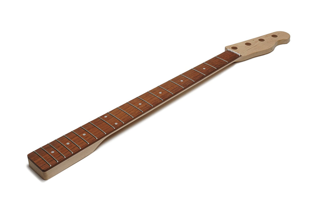 A maple bass guitar neck with a rosewood fretboard and metal frets isolated on a white background.