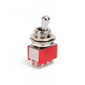 Red toggle switch with metal lever and multiple pin terminals showing on a white background.