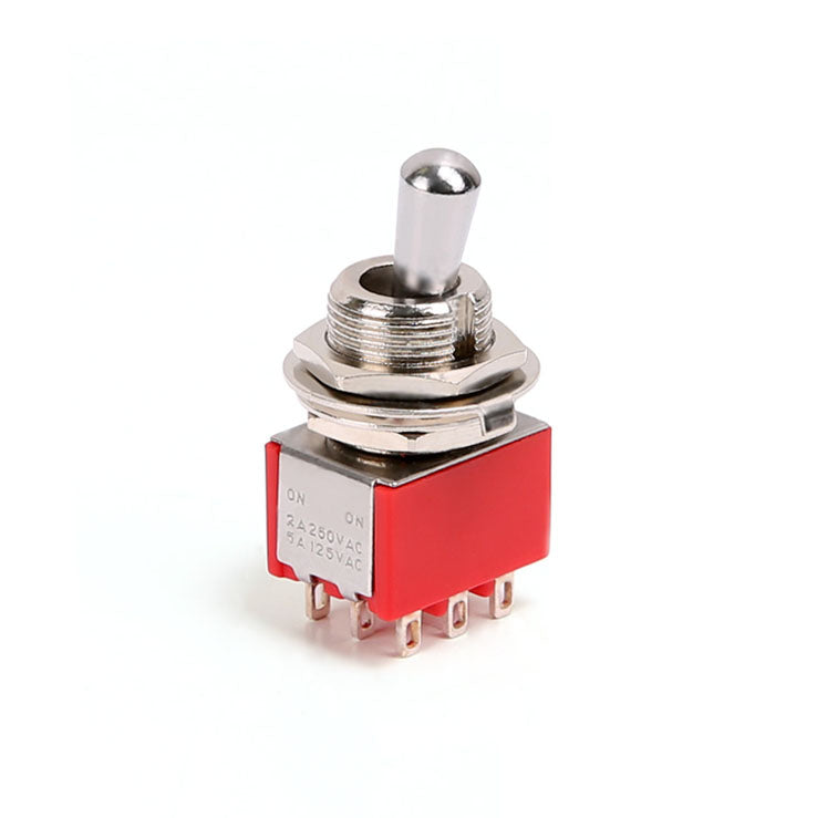 Red toggle switch with metal lever and multiple pin terminals showing on a white background.