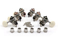 Set of six metal guitar tuning pegs with ivory oval buttons, mounting screws, and bushings on white background.