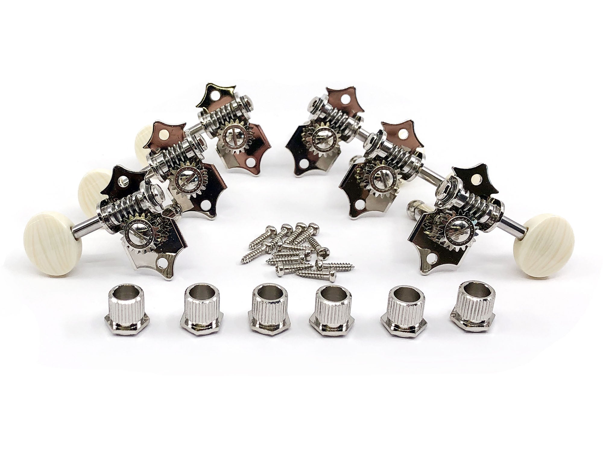Set of six metal guitar tuning pegs with ivory oval buttons, mounting screws, and bushings on white background.