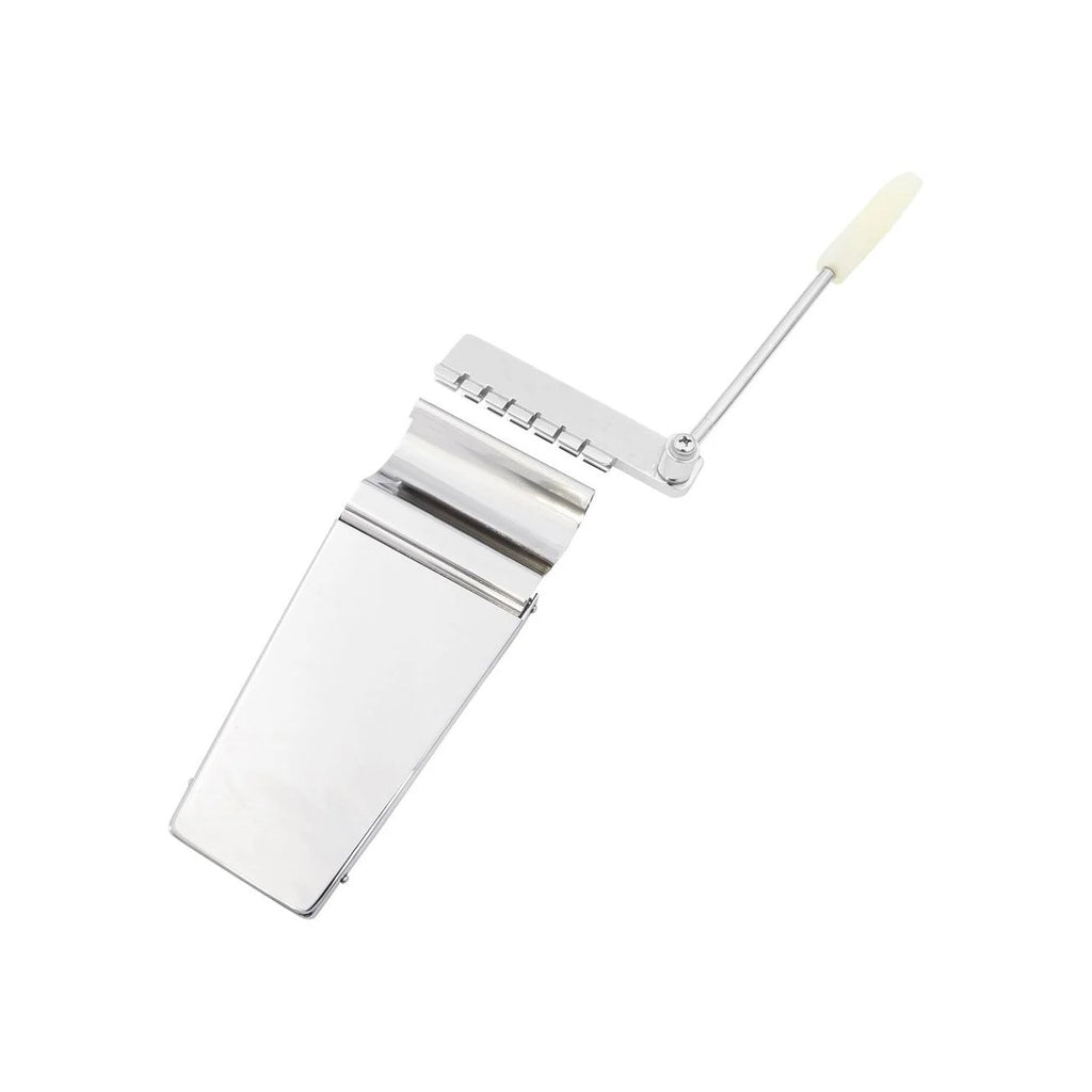 Metal long tailpiece with an attached lever arm and white plastic tip on a white background.