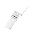 Metal long tailpiece with an attached lever arm and white plastic tip on a white background.