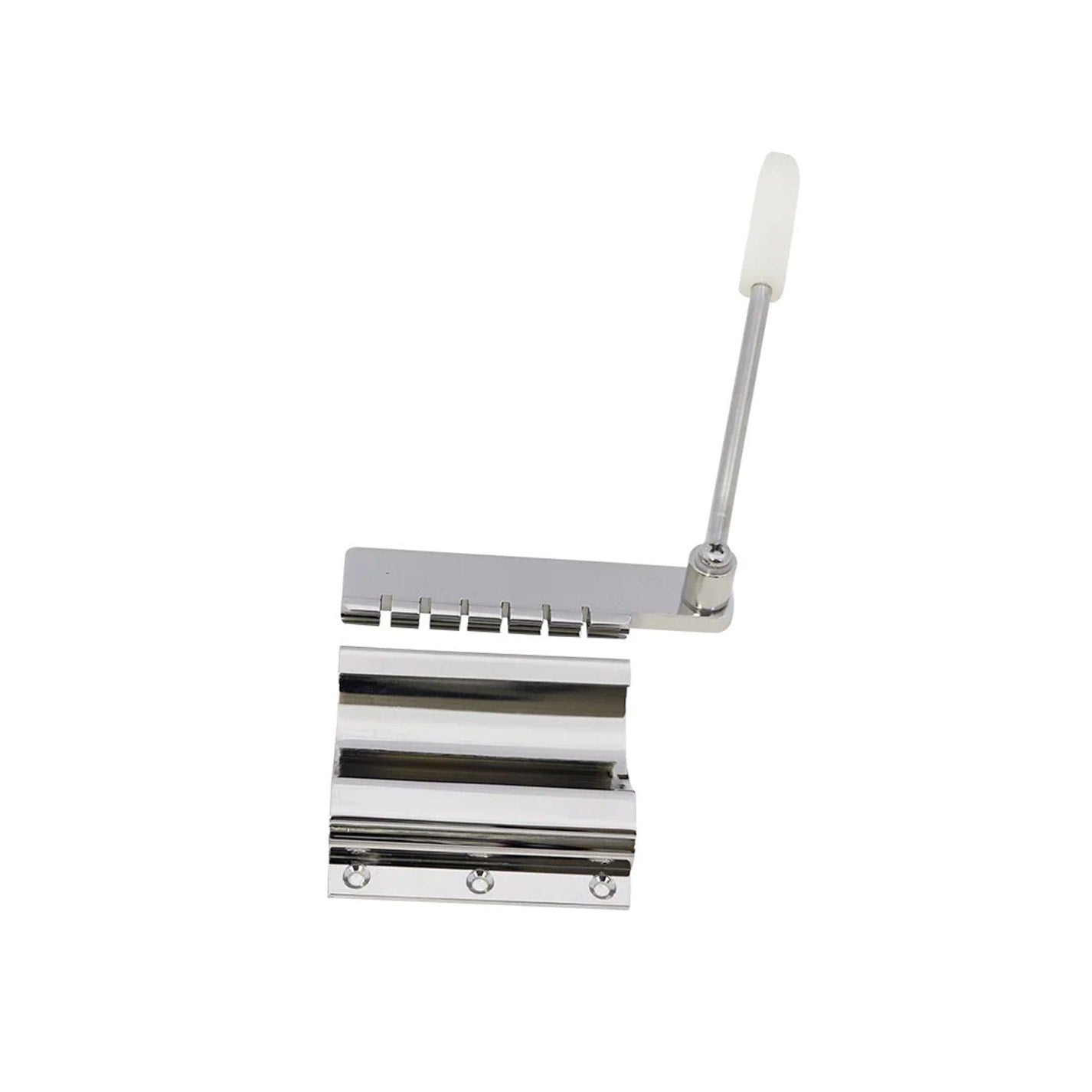 Silver metal guitar tailpiece with attached arm featuring a white plastic tip.