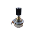Single rotary potentiometer with a black ribbed knob and brass threaded bushing on white background.