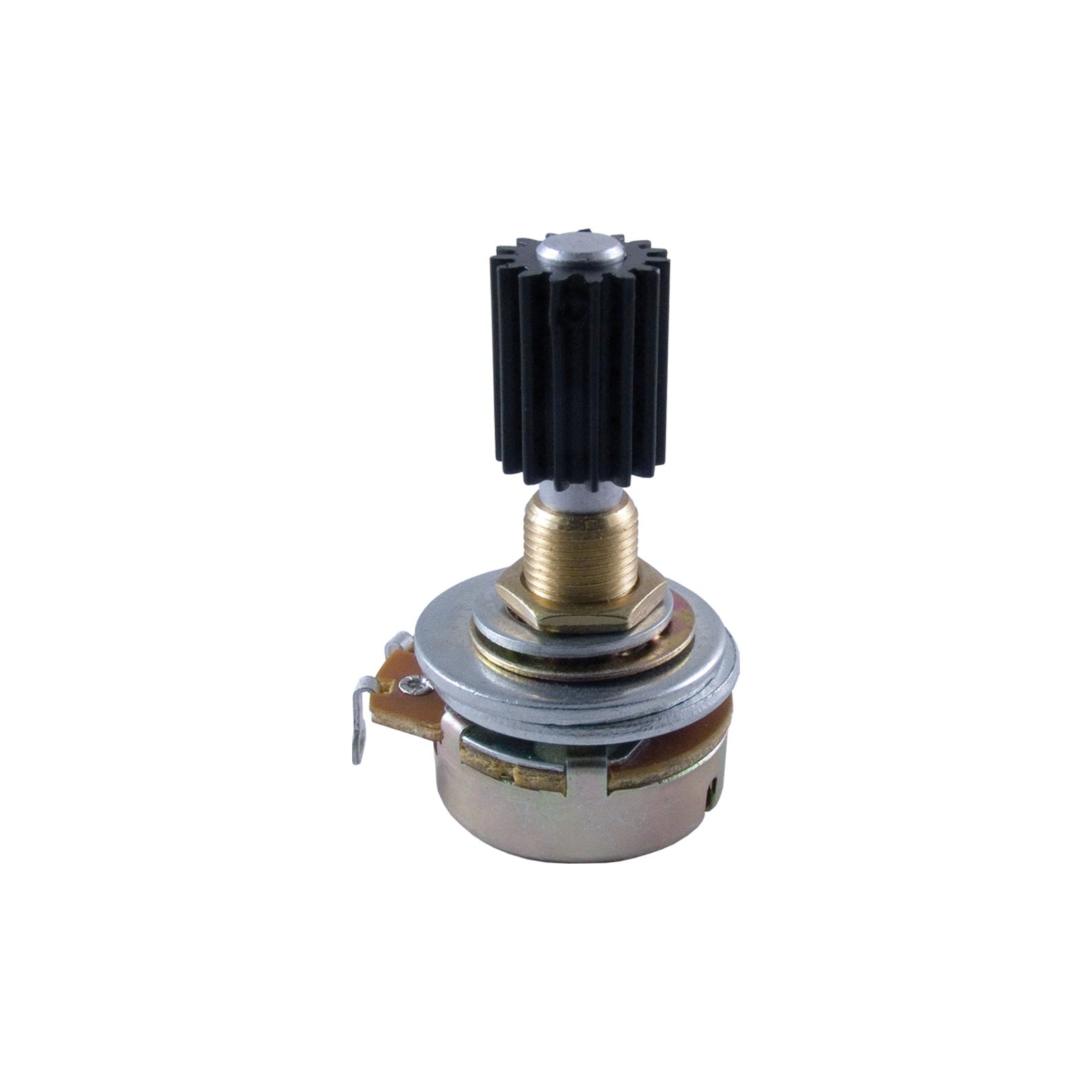 Single rotary potentiometer with a black ribbed knob and brass threaded bushing on white background.