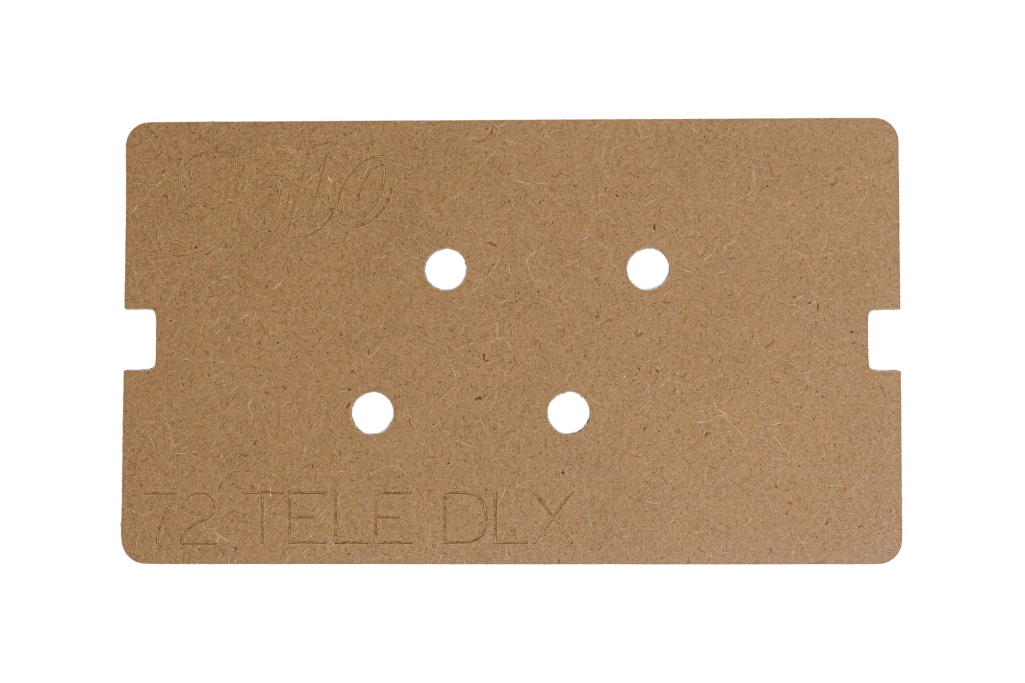 Brown fiberboard template with four round holes and etched text Solo 72 TELE DLX.