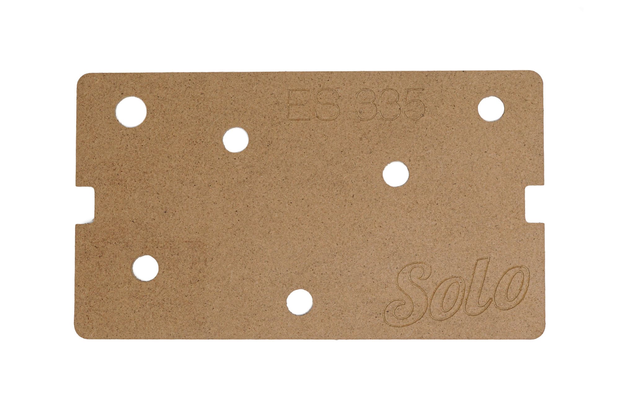 A rectangular brown wooden template with multiple drilled holes and engraved text ES 335 and Solo.