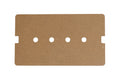 Brown rectangular wooden template with four evenly spaced round holes and notches on sides.