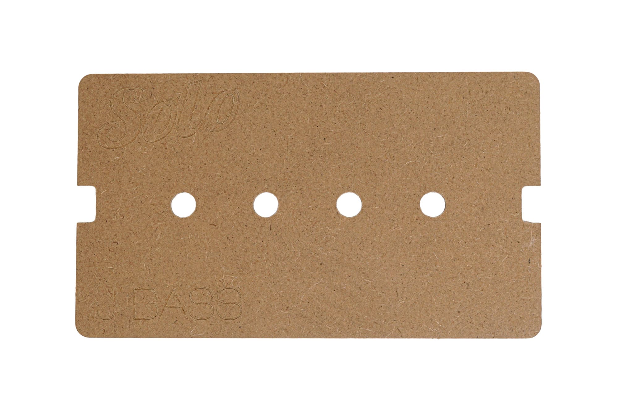 Brown rectangular wooden template with four evenly spaced round holes and notches on sides.