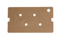 Rectangular wooden template with six circular holes and notched edges, engraved with Solo and LP.