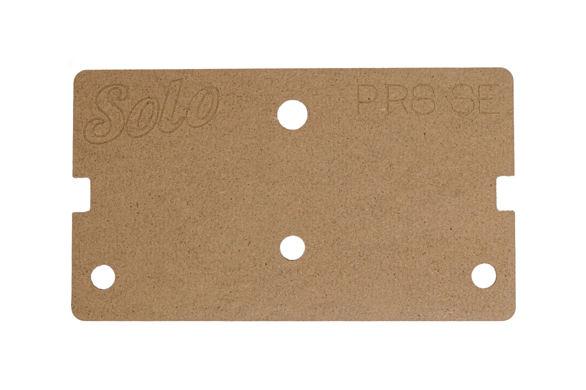 Rectangular wooden template with holes and notches labeled Solo and PRS SE on white background.