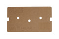 Rectangular brown wooden template with three circular holes and engraved text on it.