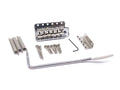 Silver vintage style tremolo bridge set with springs, screws, claw, allen wrench, and tremolo arm with white tip on white background