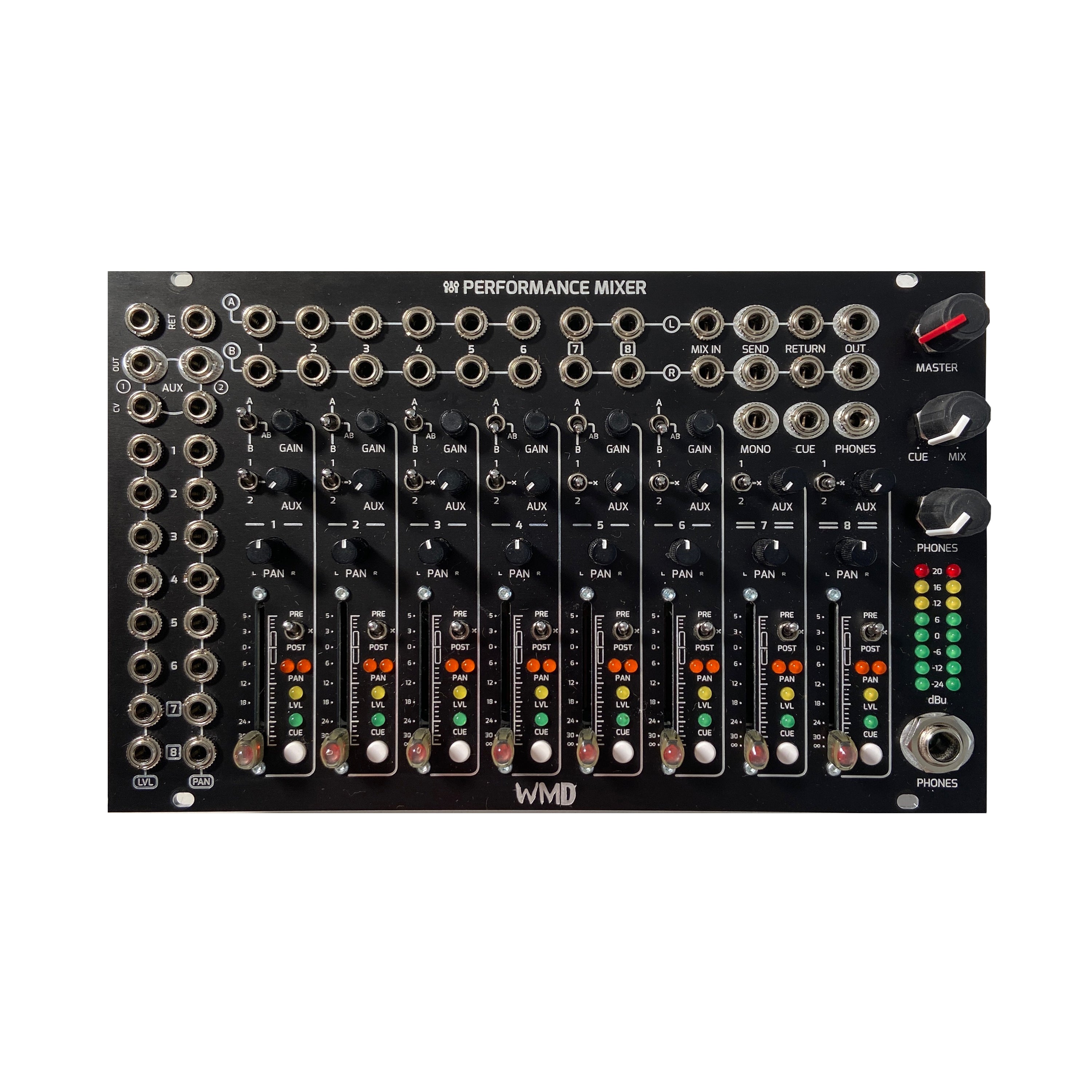 Front view of a WMD Performance Mixer module showing knobs, sliders, and multiple audio jacks on a black panel.