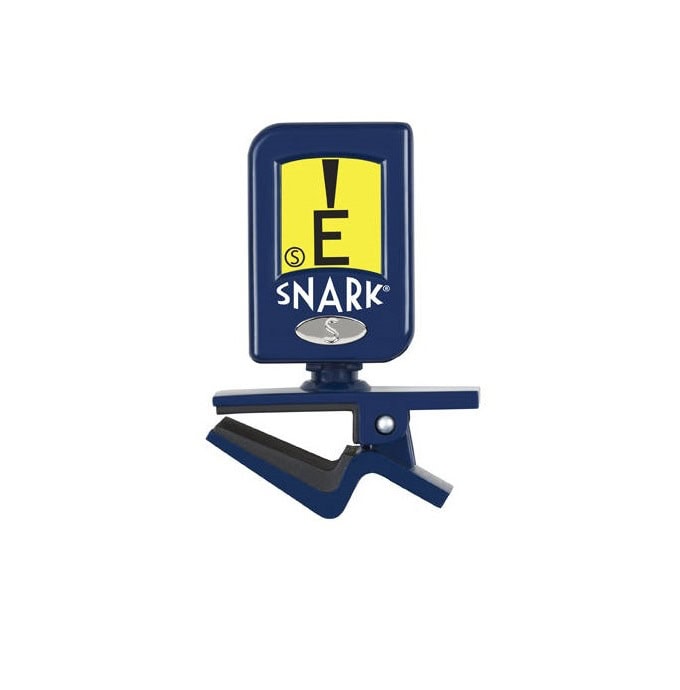 Blue clip-on tuner with yellow display showing the note E and brand name Snark on the front.
