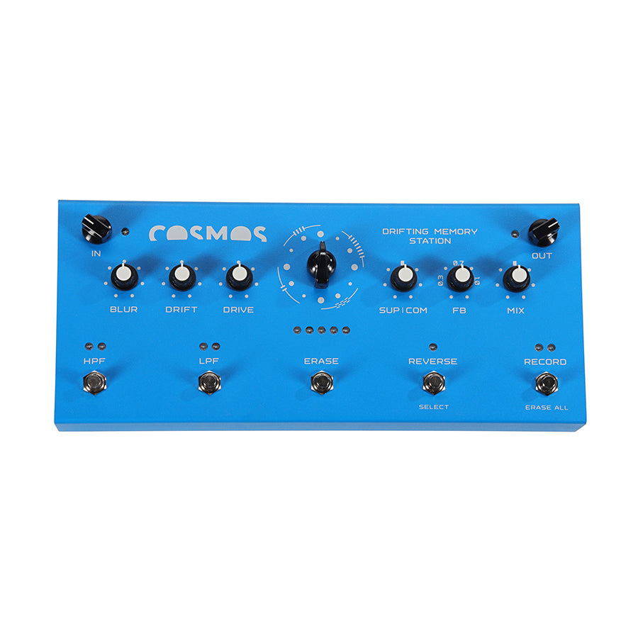 Blue audio effect pedal with multiple knobs, toggle switches, and input/output jacks labeled Cosmos Drifting Memory Station.