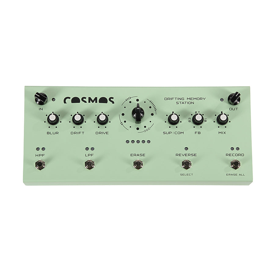 Light green audio effects pedal with knobs, switches, and footswitches labeled Cosmos Drifting Memory Station.