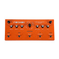 Orange electronic pedal with multiple knobs, switches, and labeled controls on a white background.