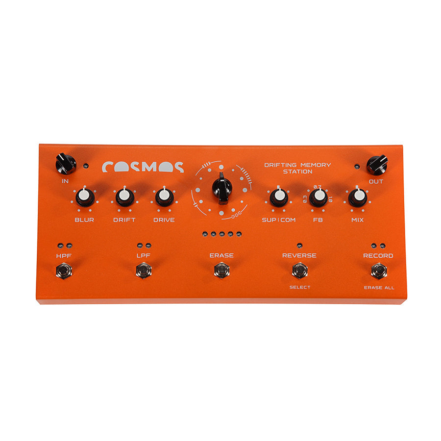 Orange electronic pedal with multiple knobs, switches, and labeled controls on a white background.
