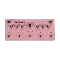 Pink audio effects pedal with multiple knobs, switches, and jacks labeled for controls and functions.