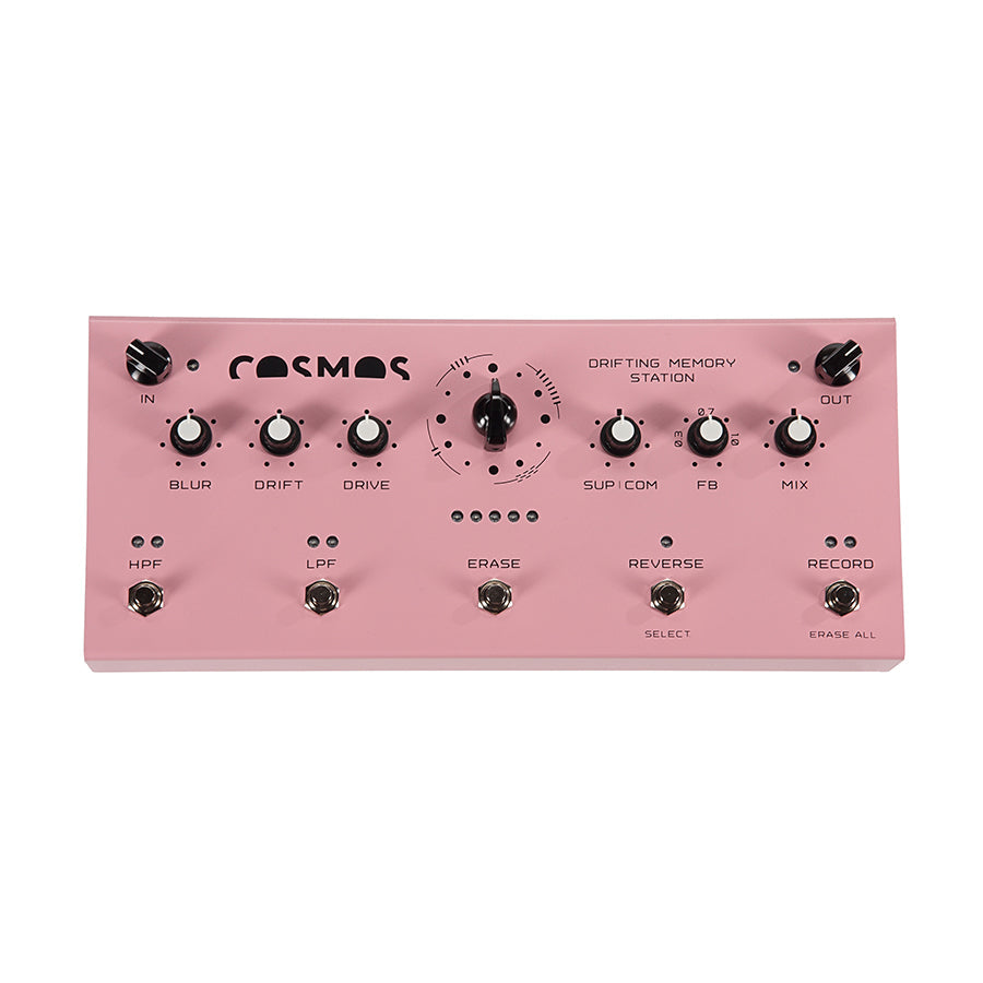 Pink audio effects pedal with multiple knobs, switches, and jacks labeled for controls and functions.