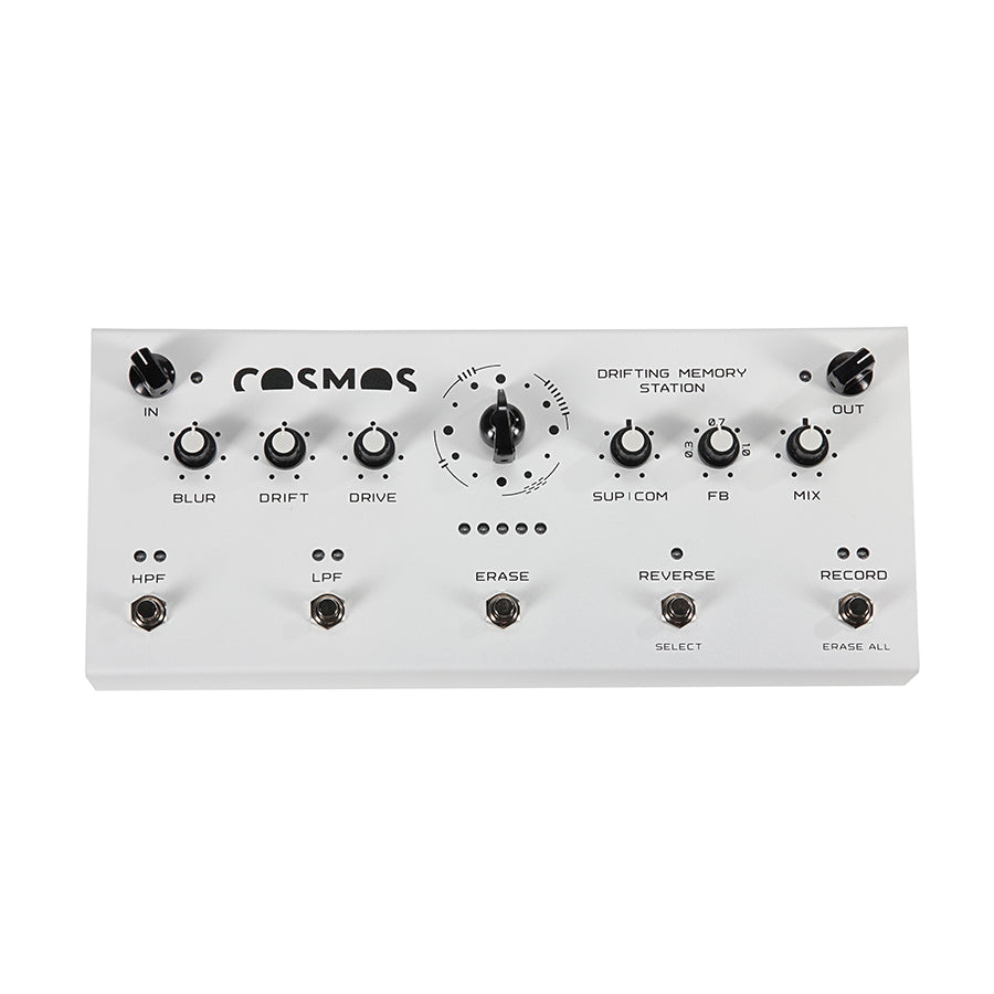 White rectangular electronic device with six knobs, five toggle switches, and black text labels on the front panel.