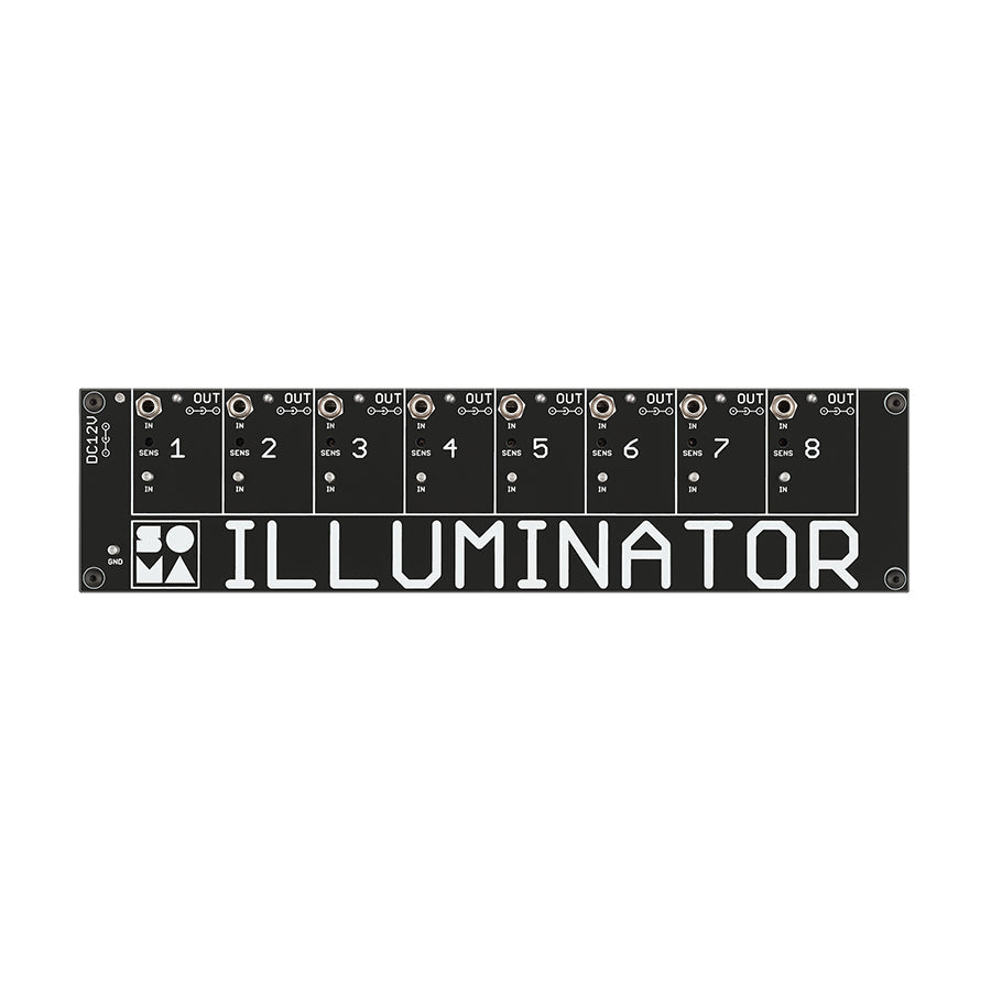 Black electronic module labeled ILLUMINATOR with eight numbered input-output sections and sensitivity controls