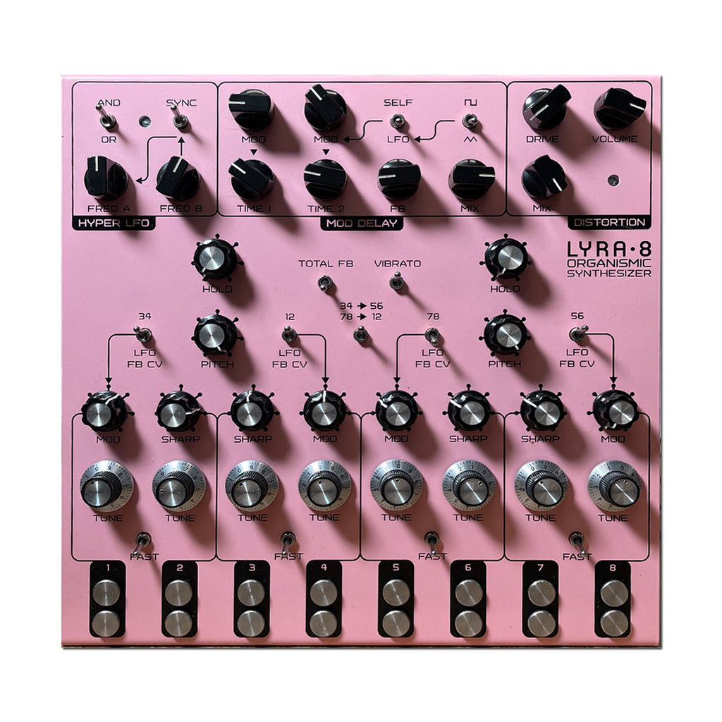 Pink synthesizer panel with knobs, switches, and buttons labeled Lyra-8 Organismic Synthesizer.