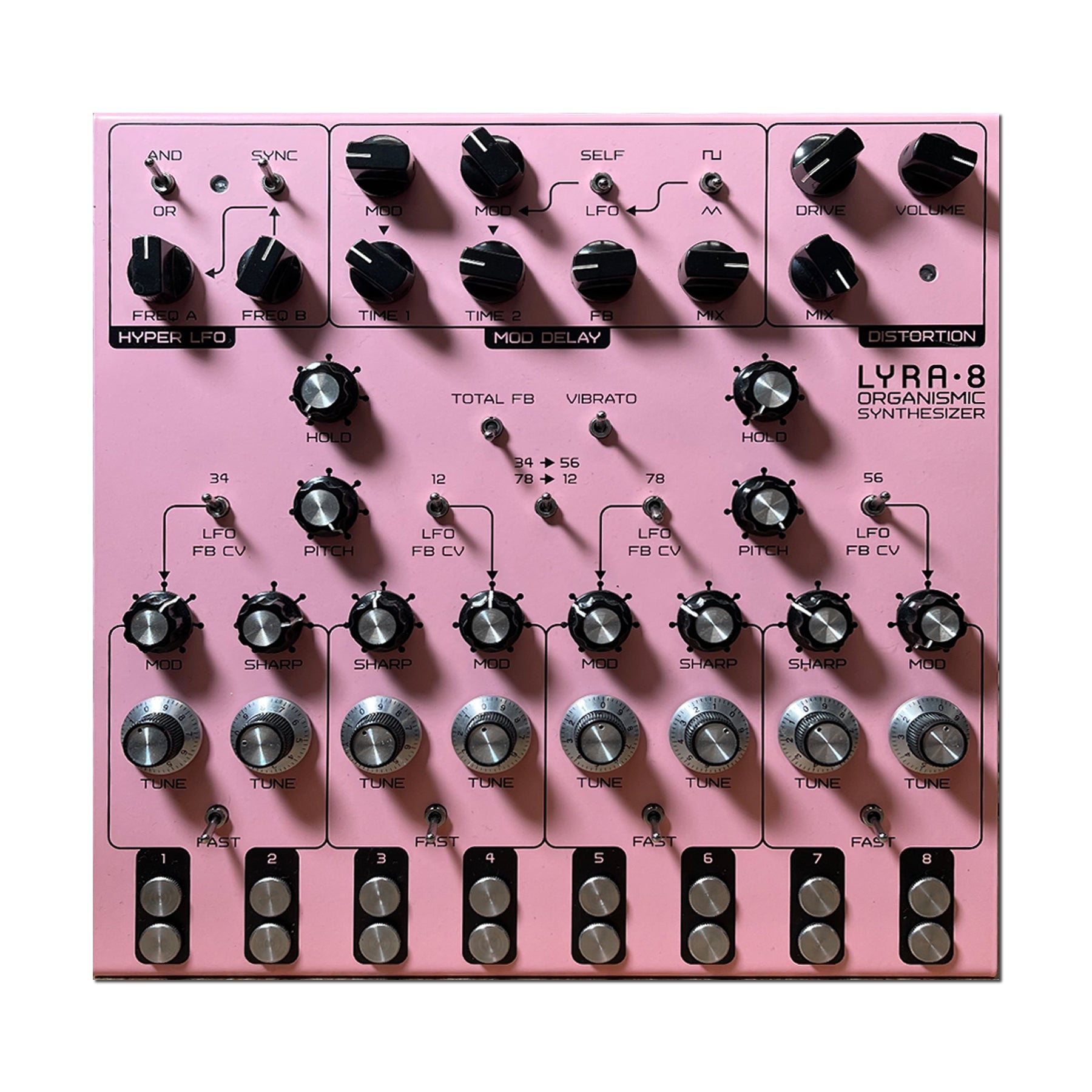 Pink synthesizer panel with knobs, switches, and buttons labeled Lyra-8 Organismic Synthesizer.