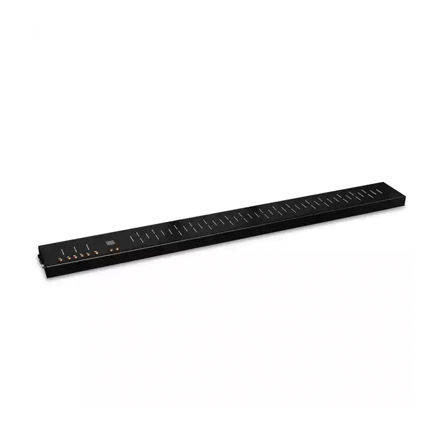 Long black rectangular electronic device with multiple sliders and buttons on one end