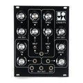 Black synthesizer module with multiple knobs, switches, and 3.5mm jacks labeled with delay and drive controls.