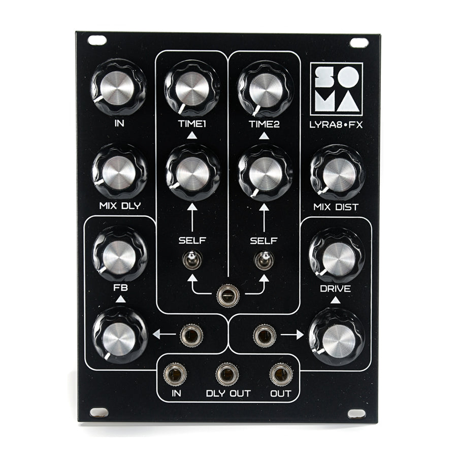 Black synthesizer module with multiple knobs, switches, and 3.5mm jacks labeled with delay and drive controls.