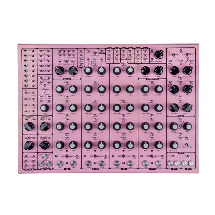 Pink electronic drum machine with multiple knobs, switches, and audio jacks visible on front panel.