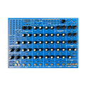 Blue electronic modular device panel with multiple knobs, switches, and audio jack connectors.