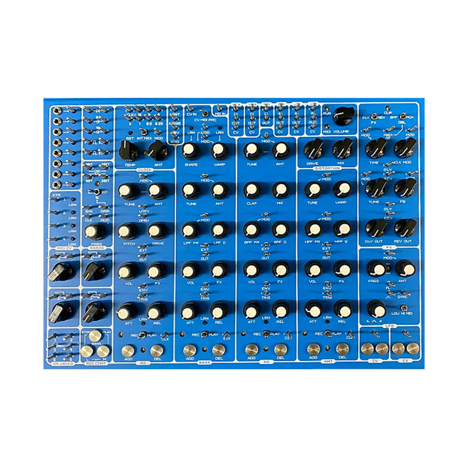 Blue electronic modular device panel with multiple knobs, switches, and audio jack connectors.