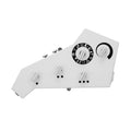 White synthesizer module with silver knobs and black markings including a circular dial with symbols and a partial circular scale.