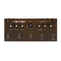 Rust-colored pedal with knobs and toggle switches labeled for various sound effects and controls.