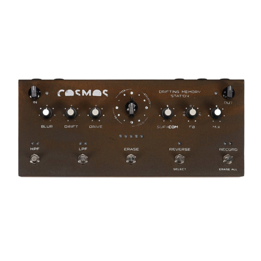 Rust-colored pedal with knobs and toggle switches labeled for various sound effects and controls.
