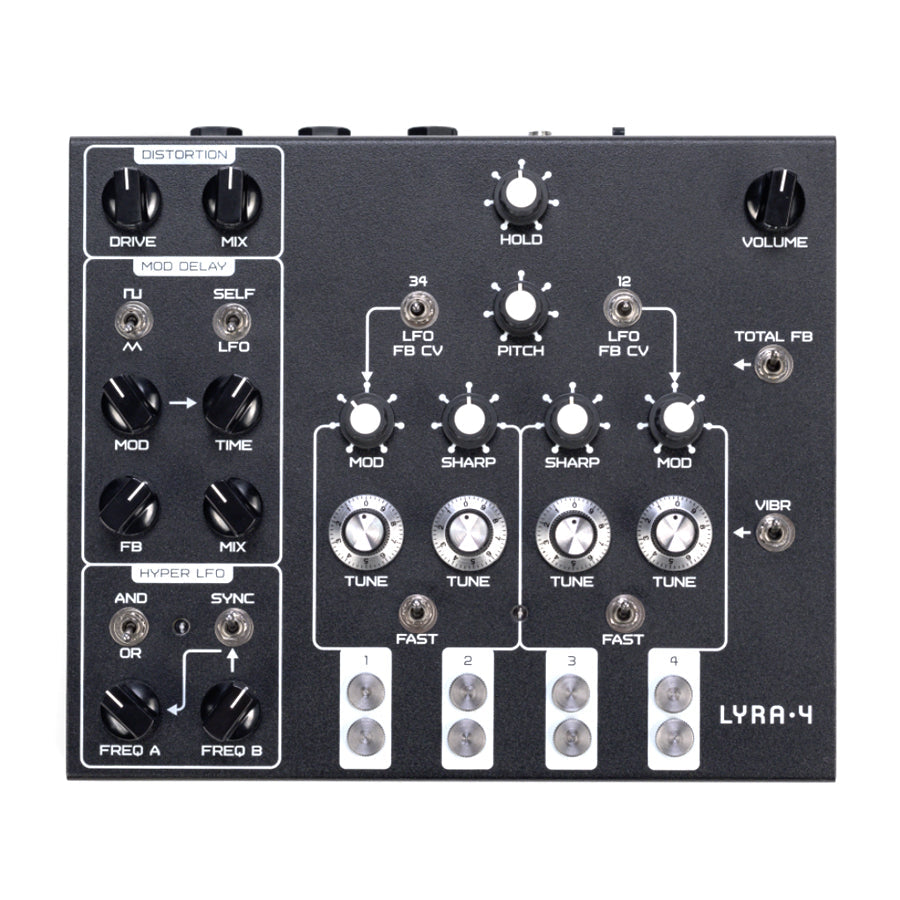 Black electronic audio device with knobs, toggle switches, and quarter-inch jacks labeled Lyra-4.