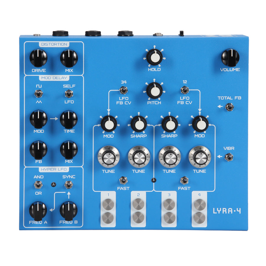 Blue audio device with multiple knobs, toggle switches, and buttons labeled LYRA 4 by SOMA Laboratory.