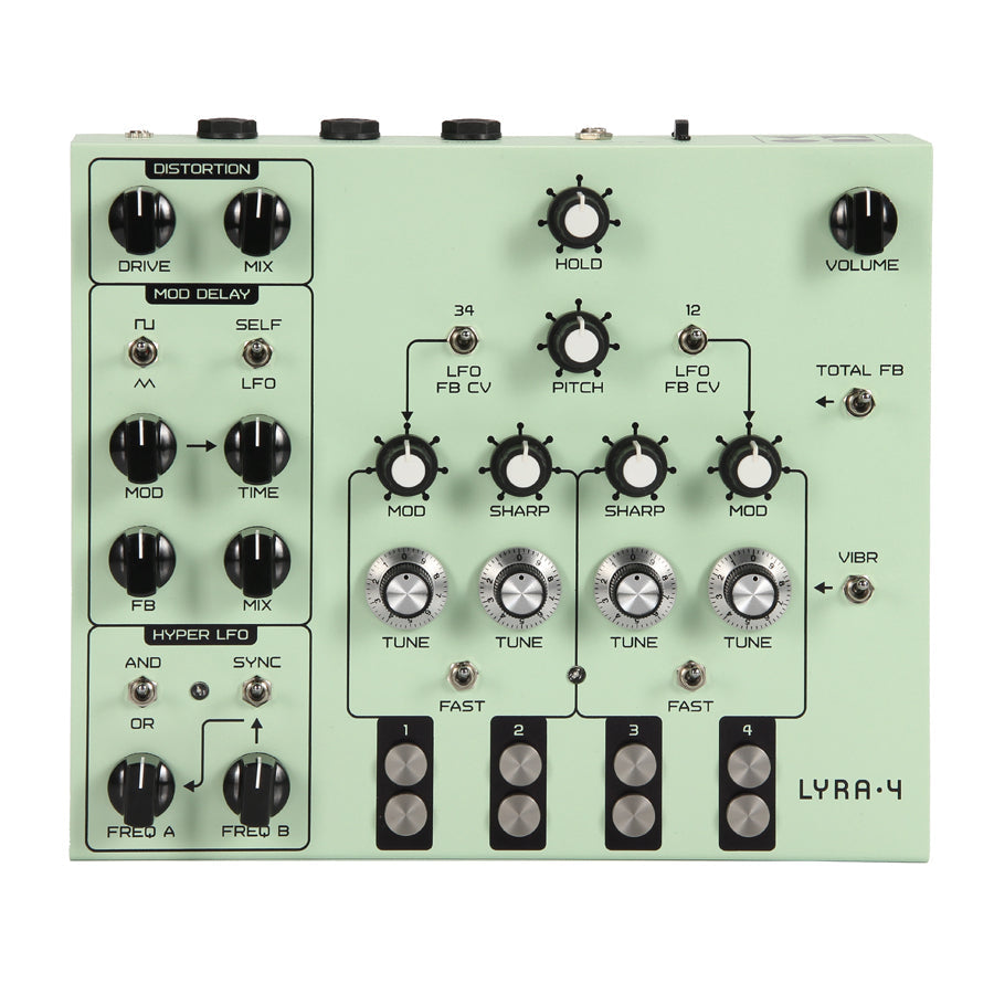 Green electronic device with knobs, toggle switches, and buttons labeled Lyra-4.