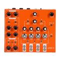 Orange electronic device with knobs, toggles, and buttons labeled Lyra-4 and modulation controls.